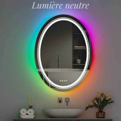 Miroir 60x80 salle de bain ovale avec lumière neutre et rétroéclairage RVB, design moderne