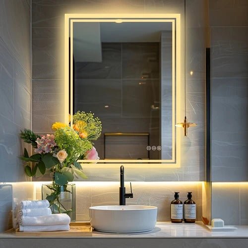 Miroir 60x80 salle de bain avec éclairage chaud, parfait pour une ambiance relaxante