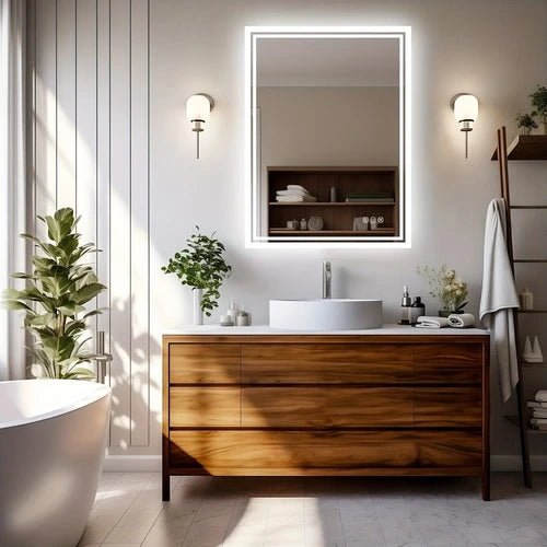 Miroir 60x80 salle de bain LED encadré en bois avec lumière naturelle