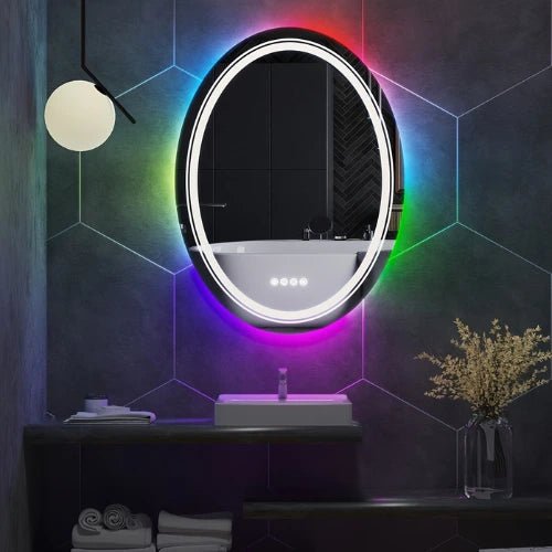 Miroir 60x80 salle de bain ovale avec rétroéclairage RVB et éclairage LED, idéal pour un style moderne