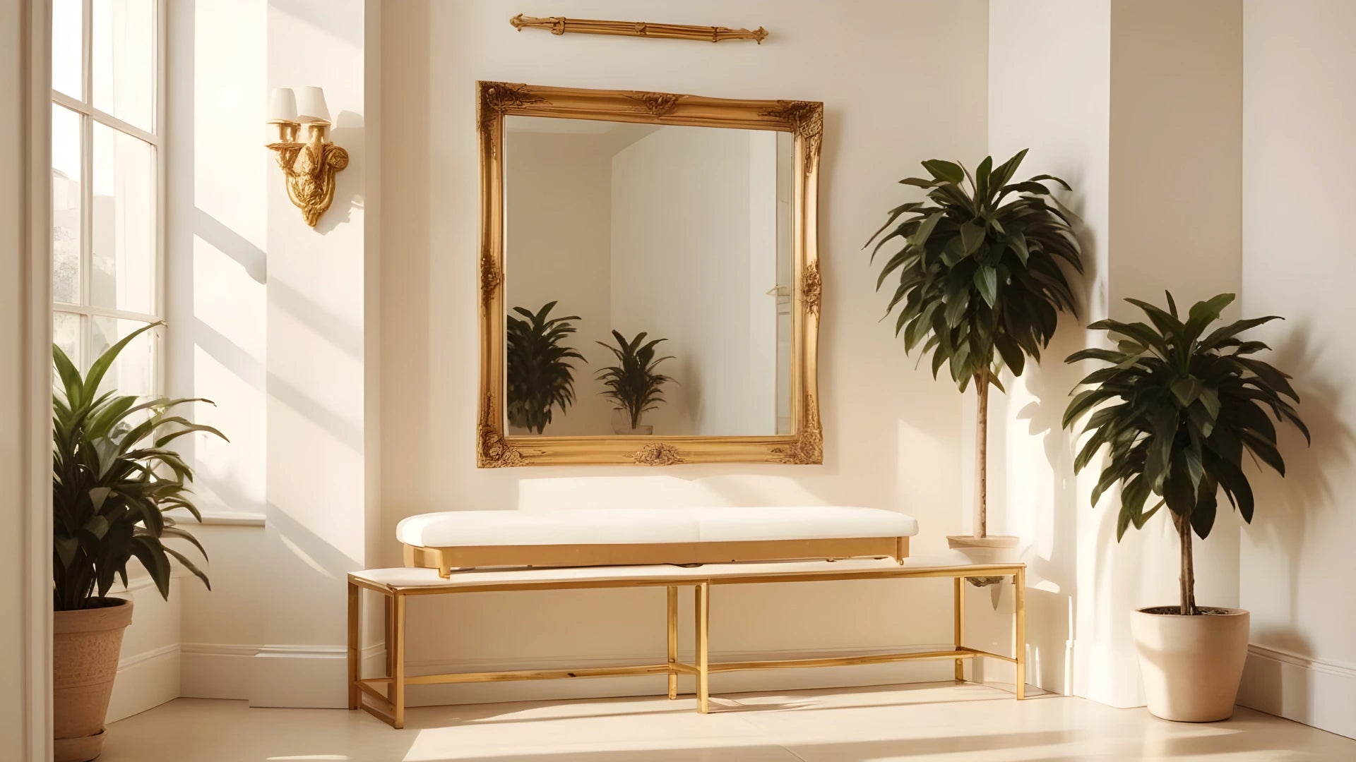 Miroir ancien doré de style Empire chic, avec un cadre richement orné, intégré dans un intérieur lumineux. Le miroir ajoute une touche de grandeur et de sophistication à la pièce