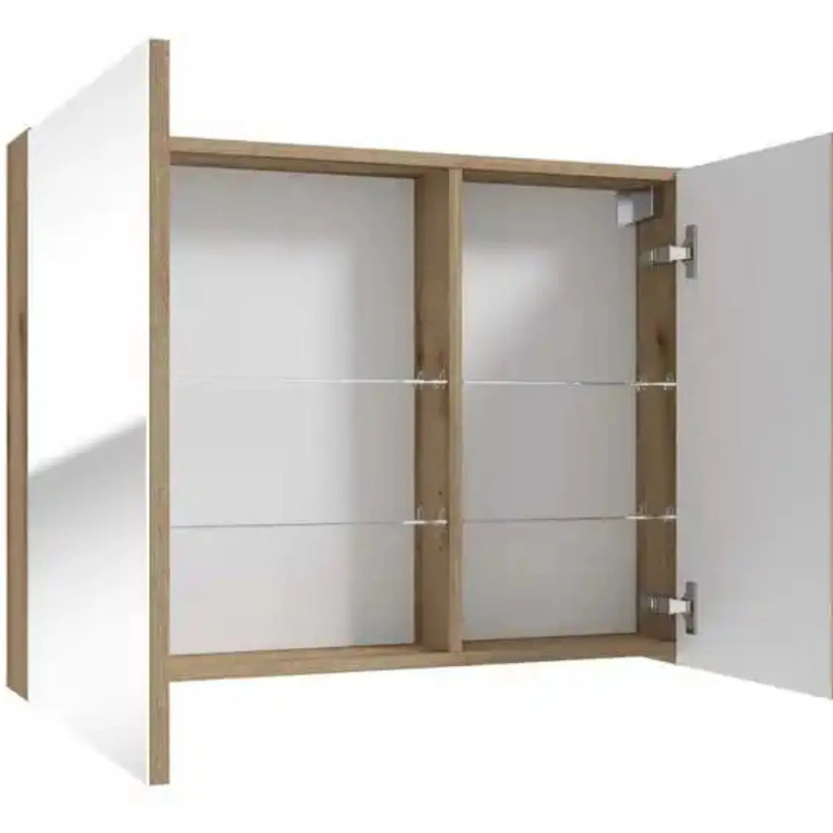 Miroir armoire salle de bain 80 cm ouverte montrant les rangements et étagères en verre.