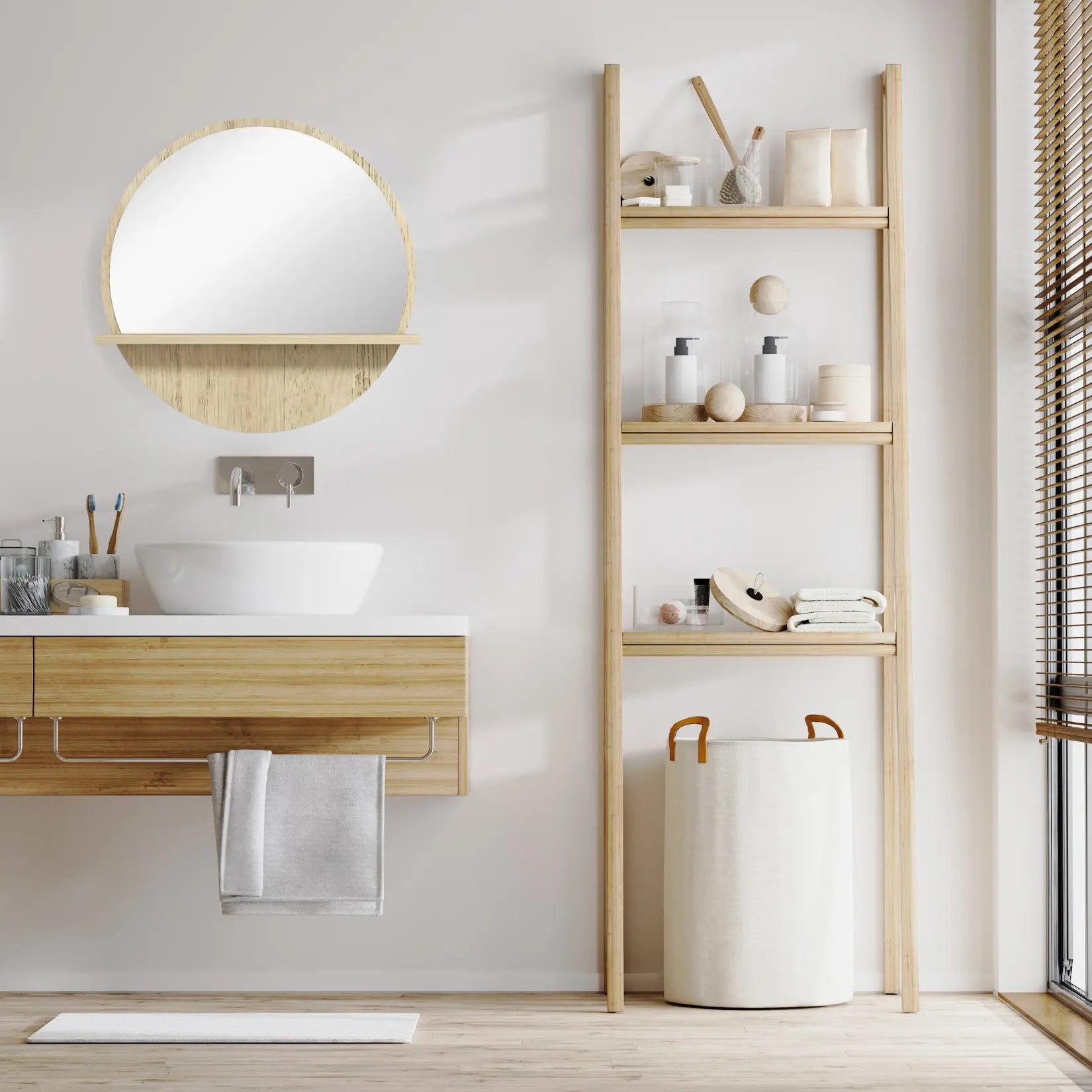 Miroir avec étagère intégré dans une salle de bain style scandinave.