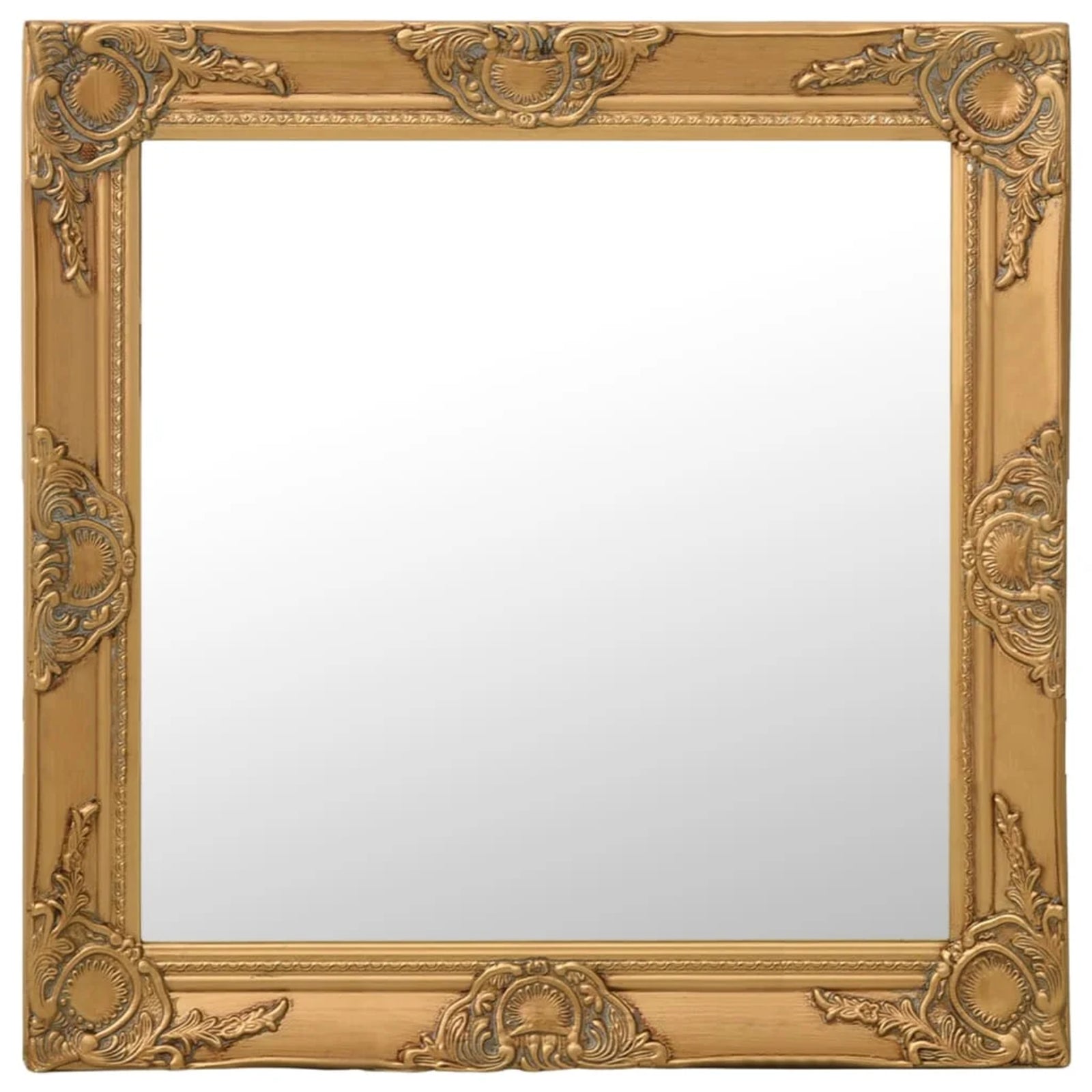Vue frontale du miroir baroque doré, cadre richement décoré dans un esprit royal et classique.