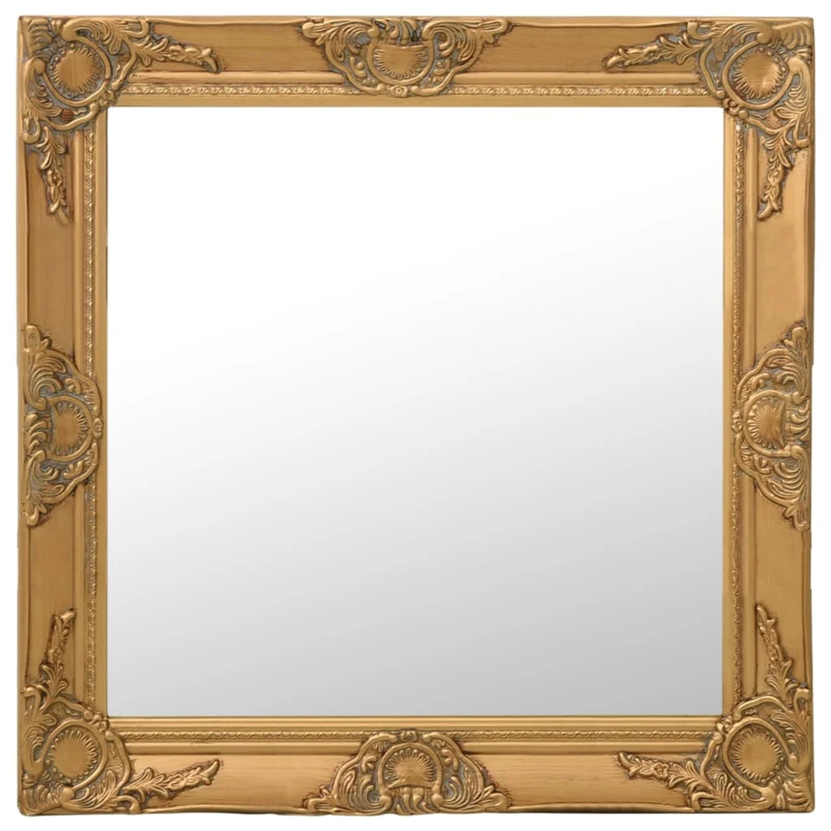Vue frontale du miroir baroque doré, cadre richement décoré dans un esprit royal et classique.