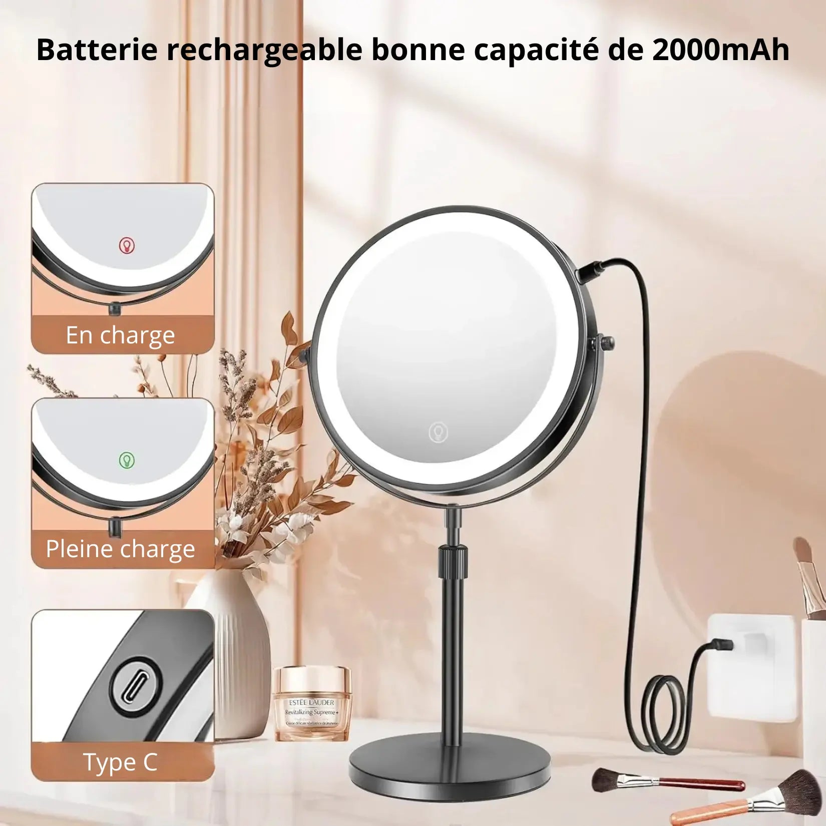 Batterie 2000 mAh rechargeable du miroir coiffeuse LED, indicateur de charge intelligent inclus.