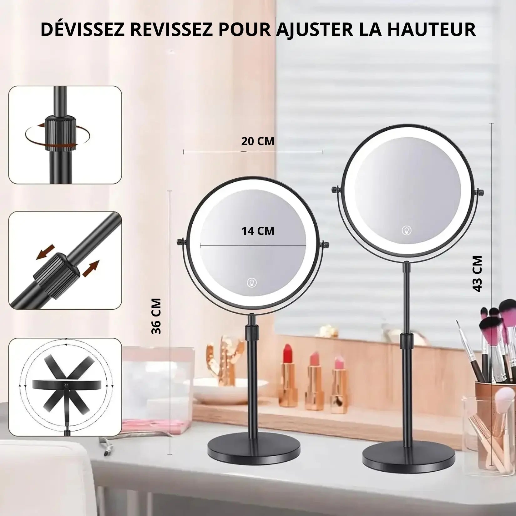 Dimensions précises du miroir coiffeuse LED double face : 20 cm de diamètre, 14 cm de surface vitrée.