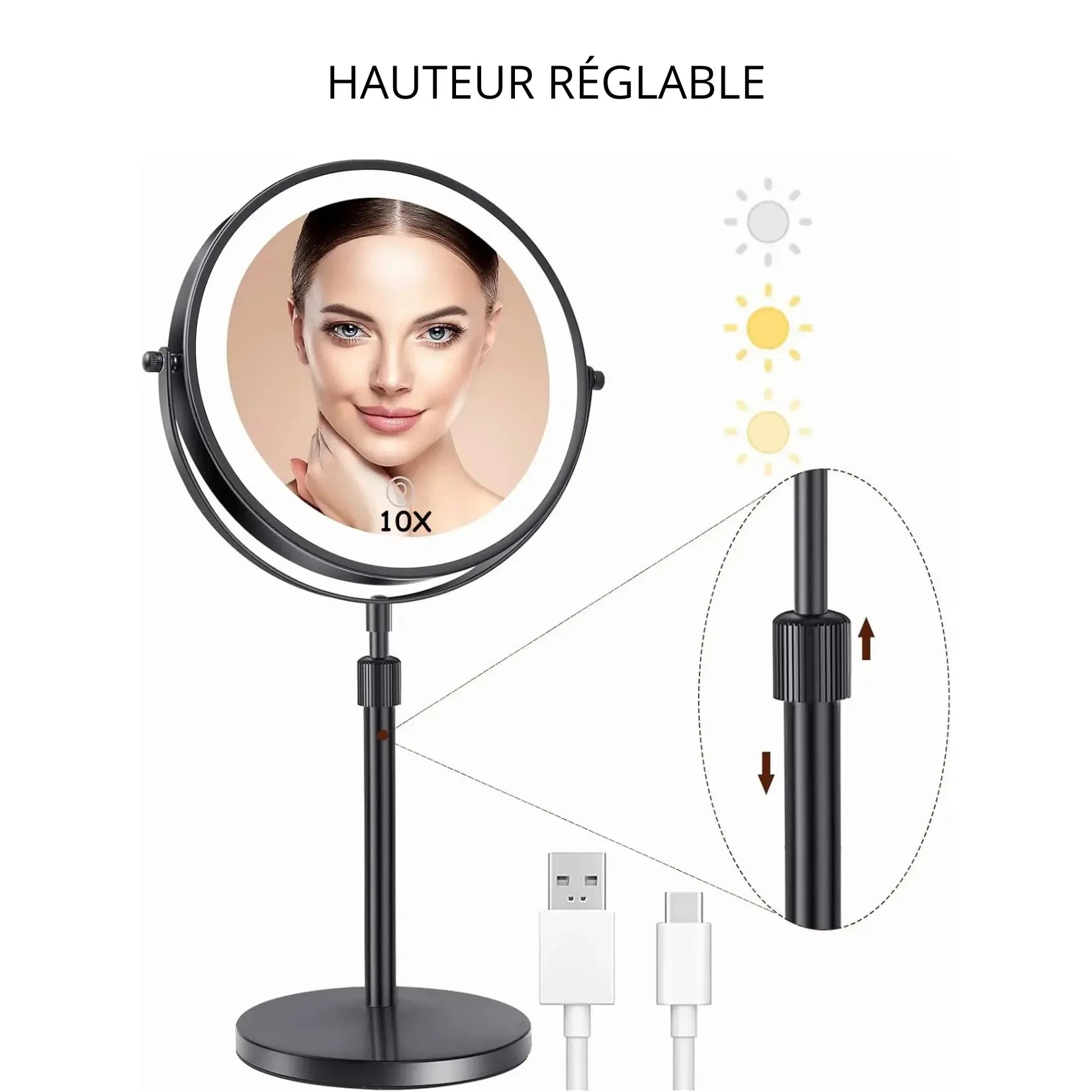 Vue rapprochée du réglage de hauteur du miroir coiffeuse LED avec tige télescopique.