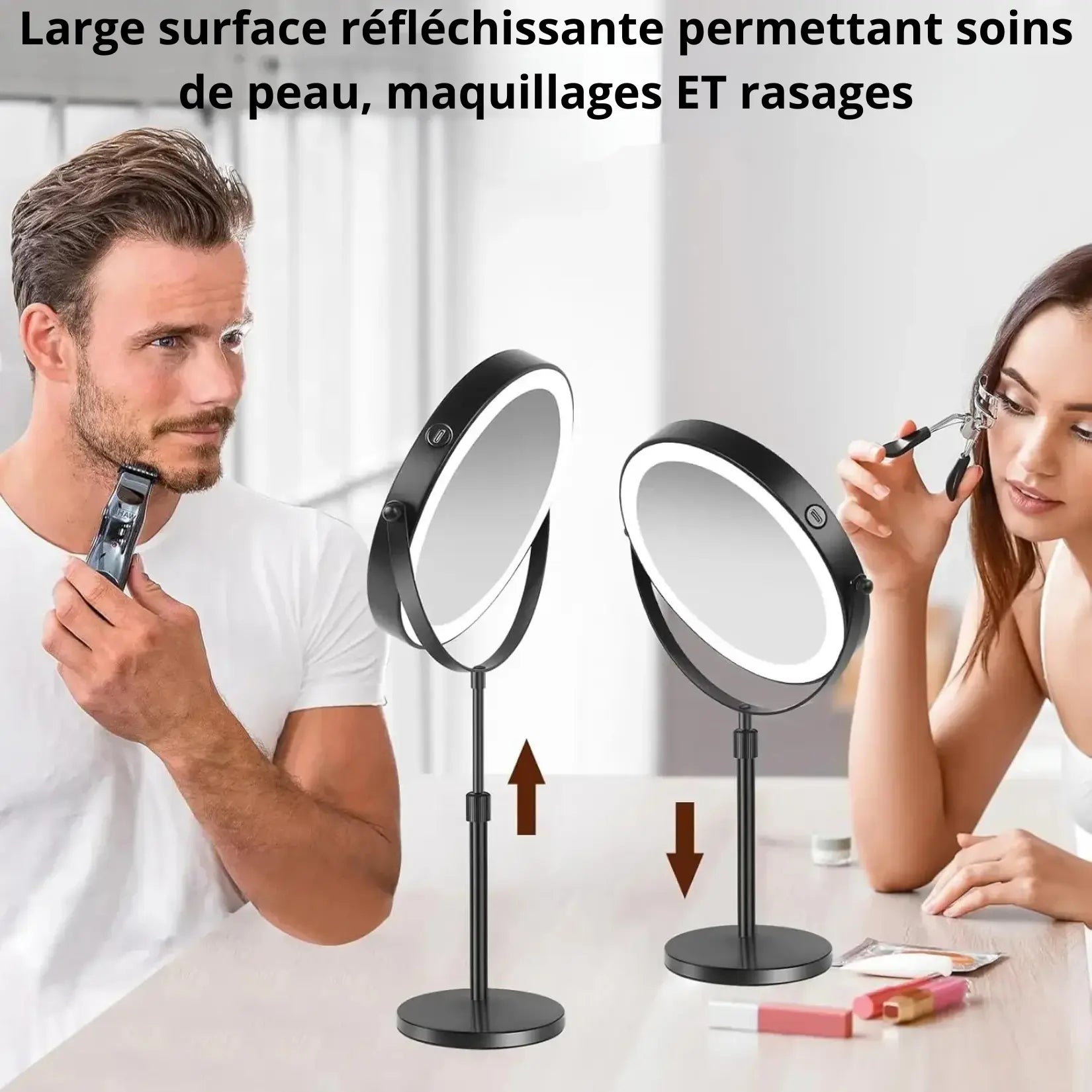 Utilisation du miroir coiffeuse LED par un homme pour le rasage et une femme pour le maquillage de précision.