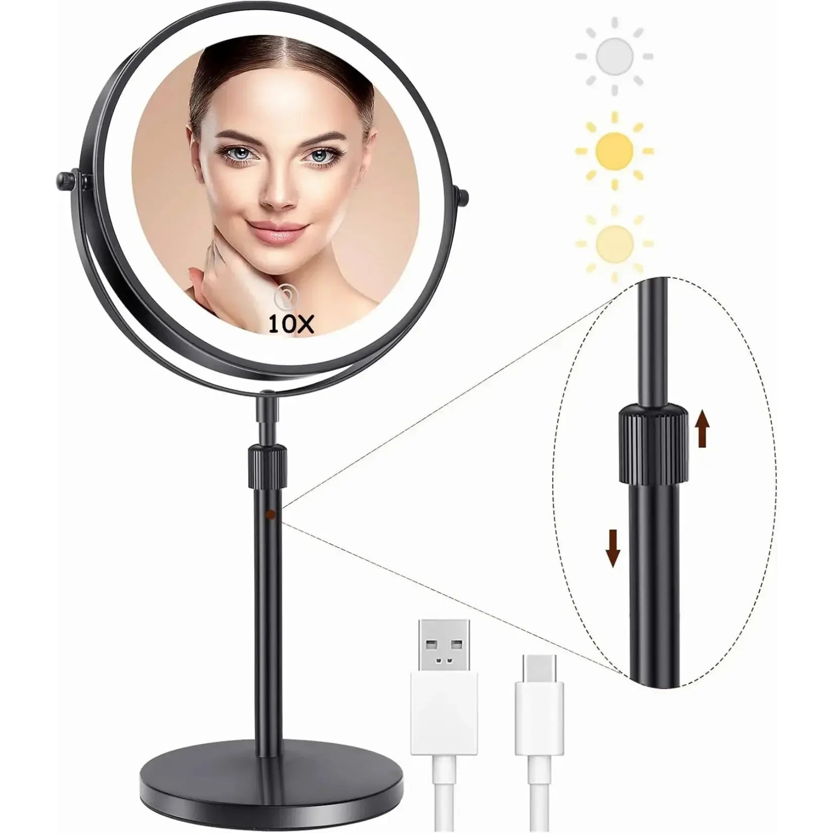 Hauteur ajustable du miroir coiffeuse double face LED avec éclairage et port USB‑C.