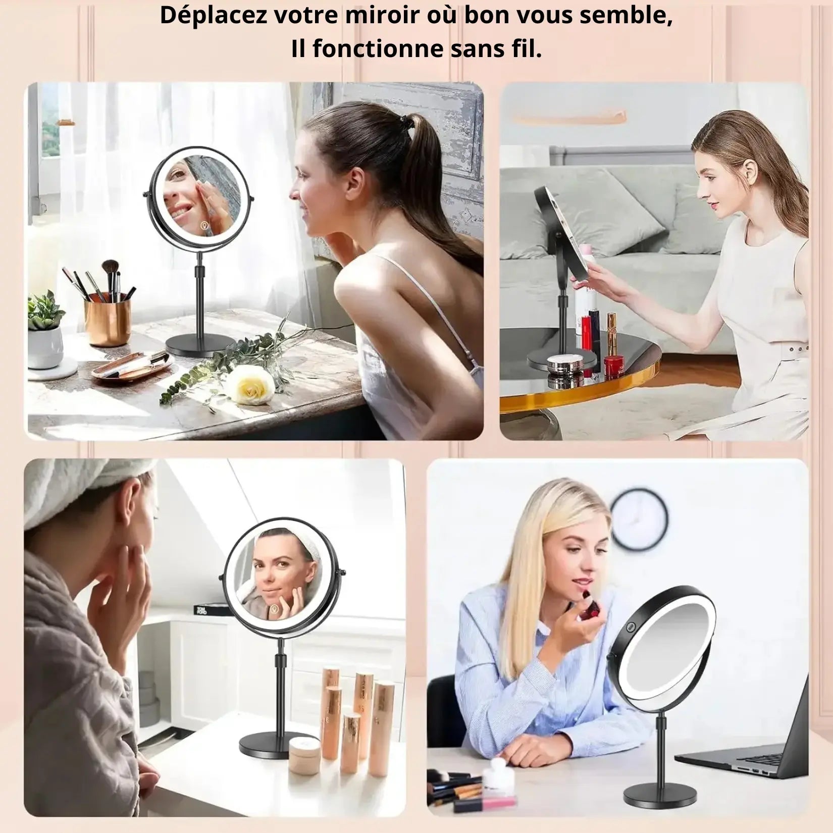 Exemples d'utilisation du miroir coiffeuse double face LED sans fil dans différents espaces de vie.