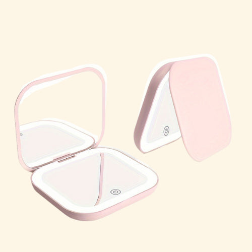 Miroir de poche compact rose avec éclairage LED pour retouches maquillage