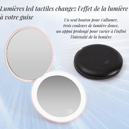 miroir de poche LED avec miroir grossissant x10 et éclairage tactile, idéal pour retouches maquillage