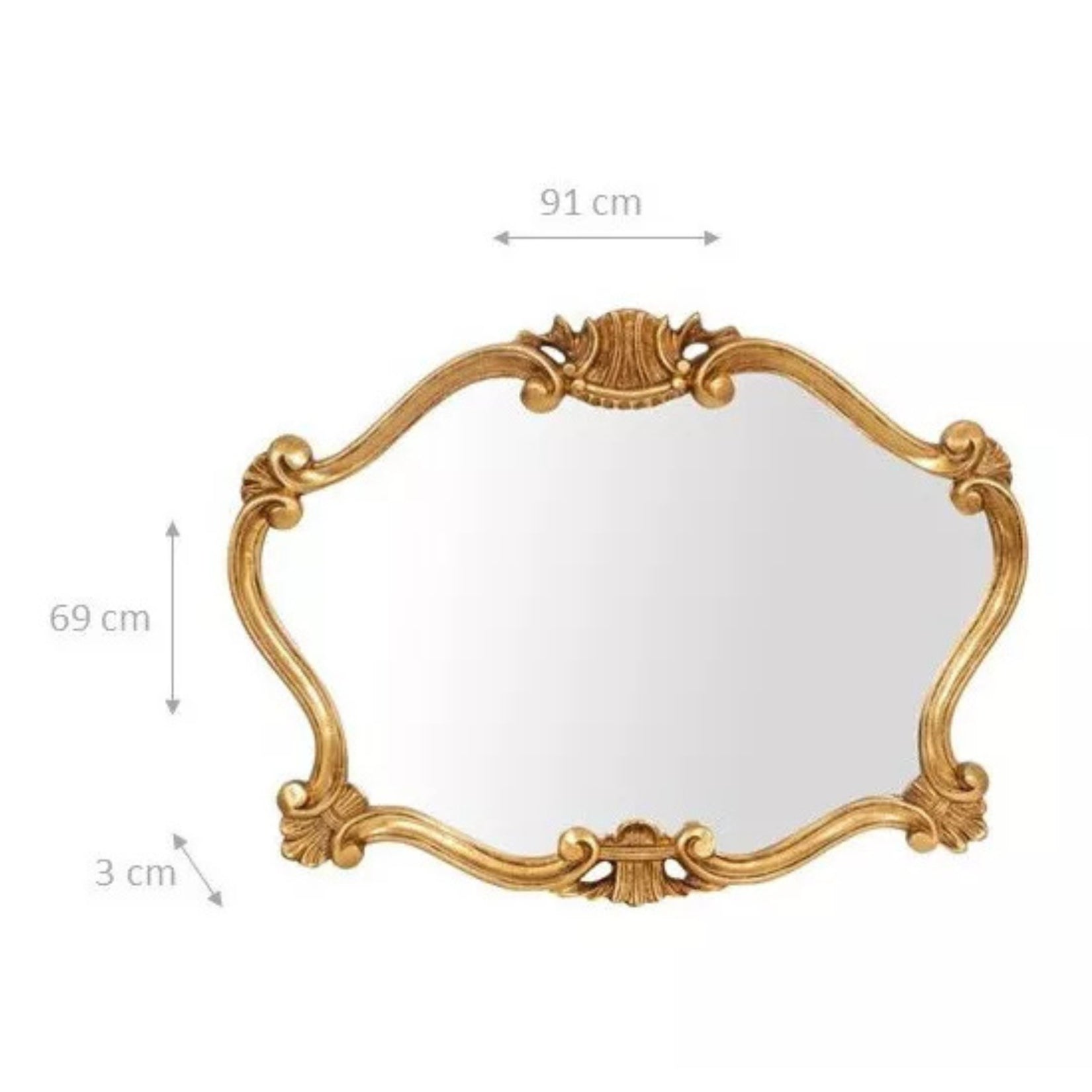 Dimensions du miroir doré baroque : 91 cm de large, 69 cm de haut, 3 cm d'épaisseur.