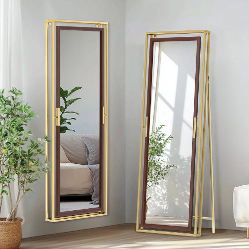 Miroir mural doré rectangulaire installé dans un dressing moderne, mettant en valeur son design minimaliste et pratique