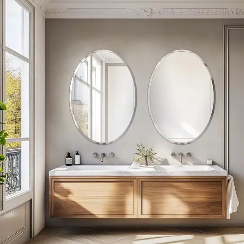 miroir fin ovale 60x80 cm dans une salle de bain double vasque