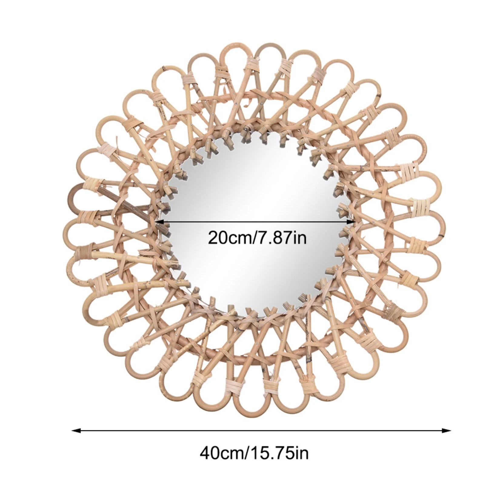 Schéma avec dimensions du miroir fleur rotin : 40 cm total, 20 cm de surface miroir.