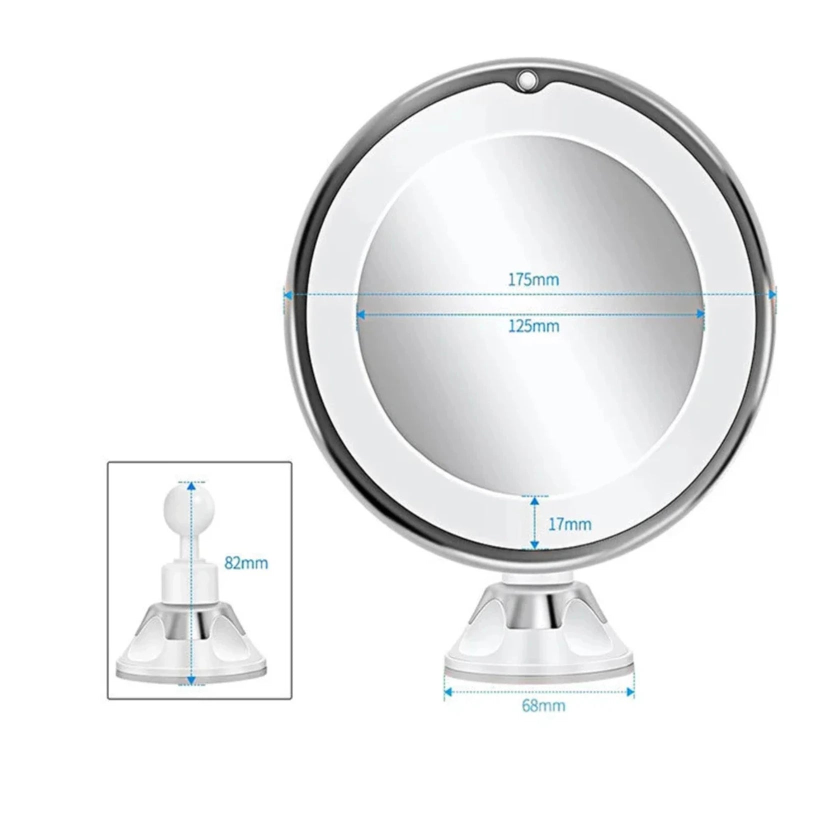 Dimensions du Miroir Grossissant et Lumineux 10X à Ventouse et sur Pied.