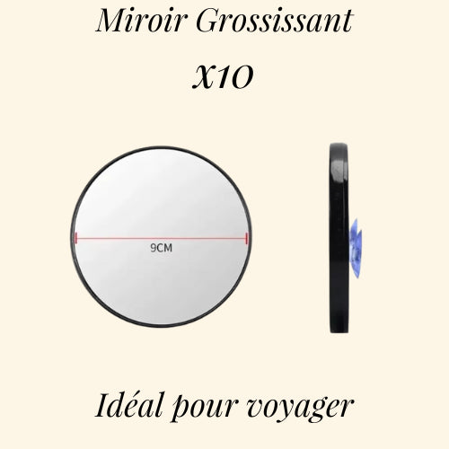 Miroir grossissant x10 avec un diamètre de 9 cm, parfait pour les déplacements