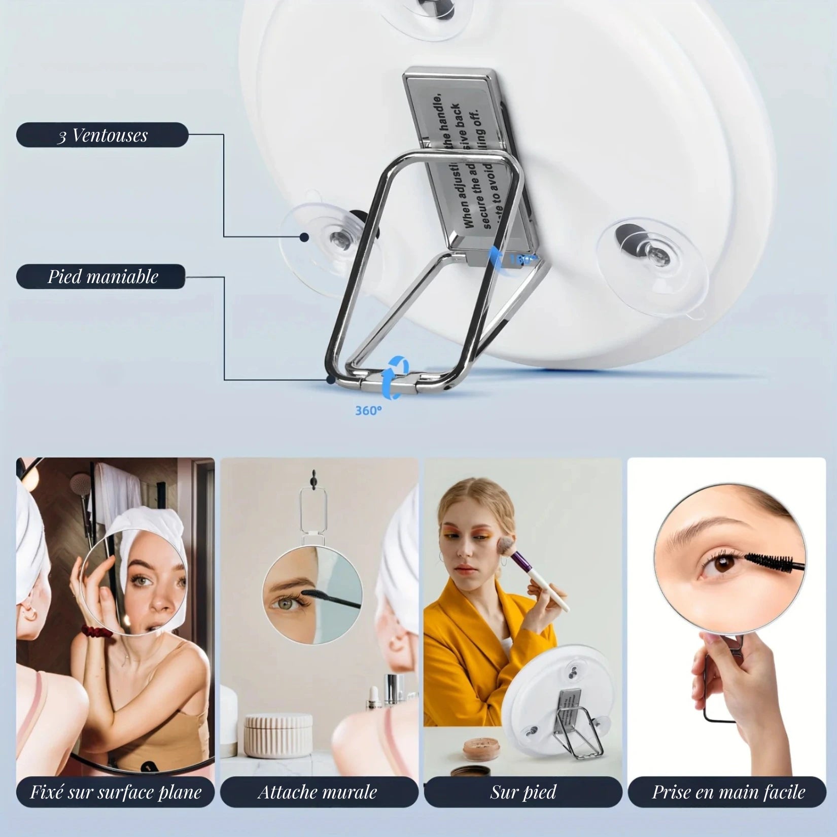 Miroir Grossissant x30 à ventouses et pied rotatif pour plus de confort.
