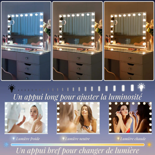 Miroir Hollywood avec lumière ajustable : froide, naturelle ou chaude, parfait pour le maquillage