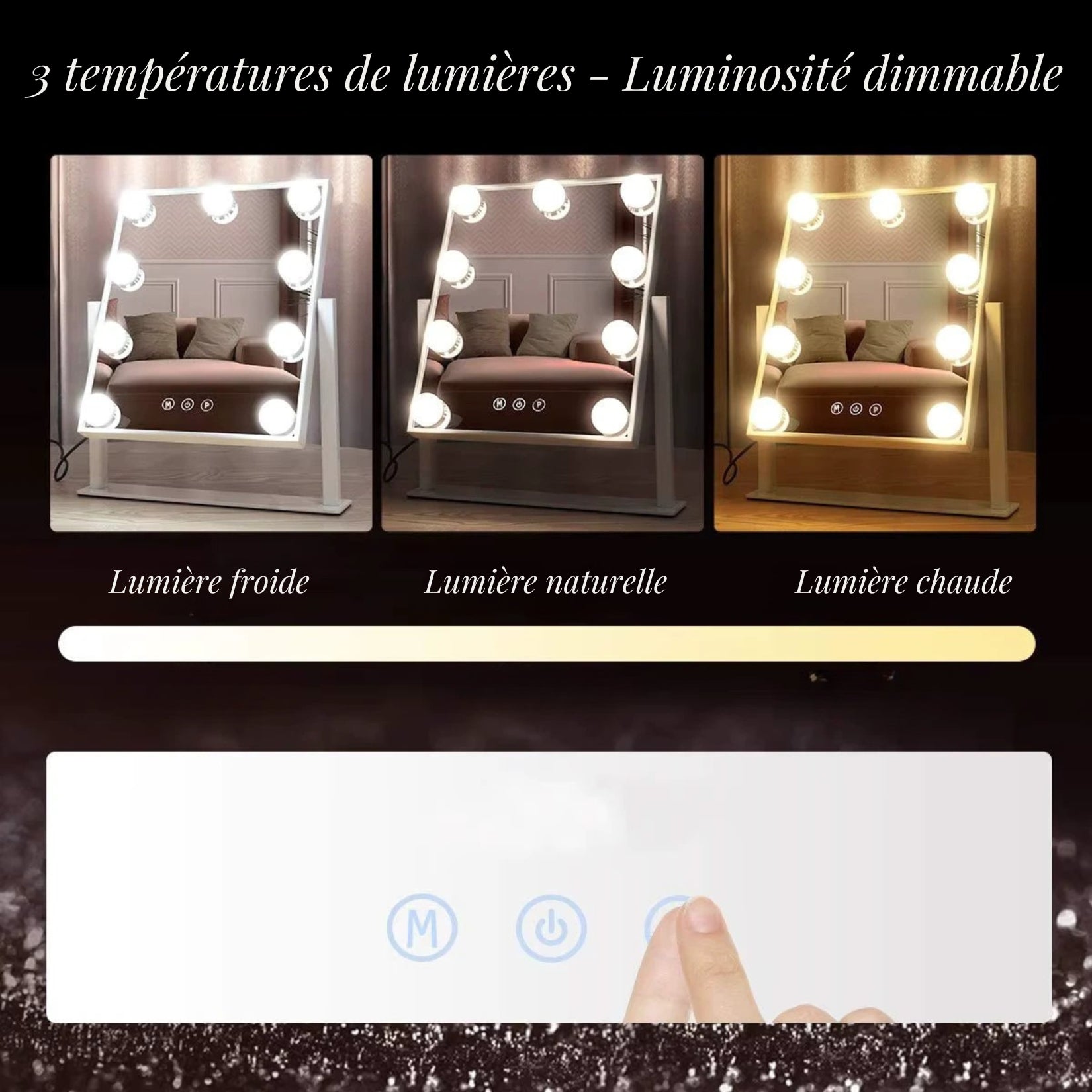 Miroir Hollywood pas cher avec éclairage ajustable et intensité variable.