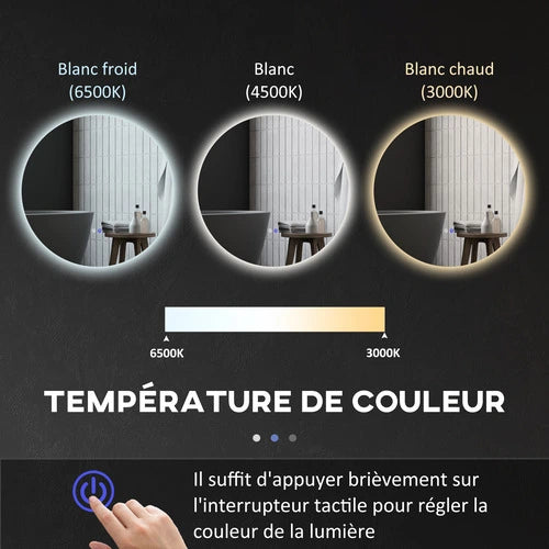 Miroir LED rond 80 cm avec trois températures de lumière pour salle de bain