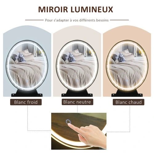 Miroir lumineux avec éclairage LED réglable en blanc froid, neutre, et chaud, pour coiffeuse.