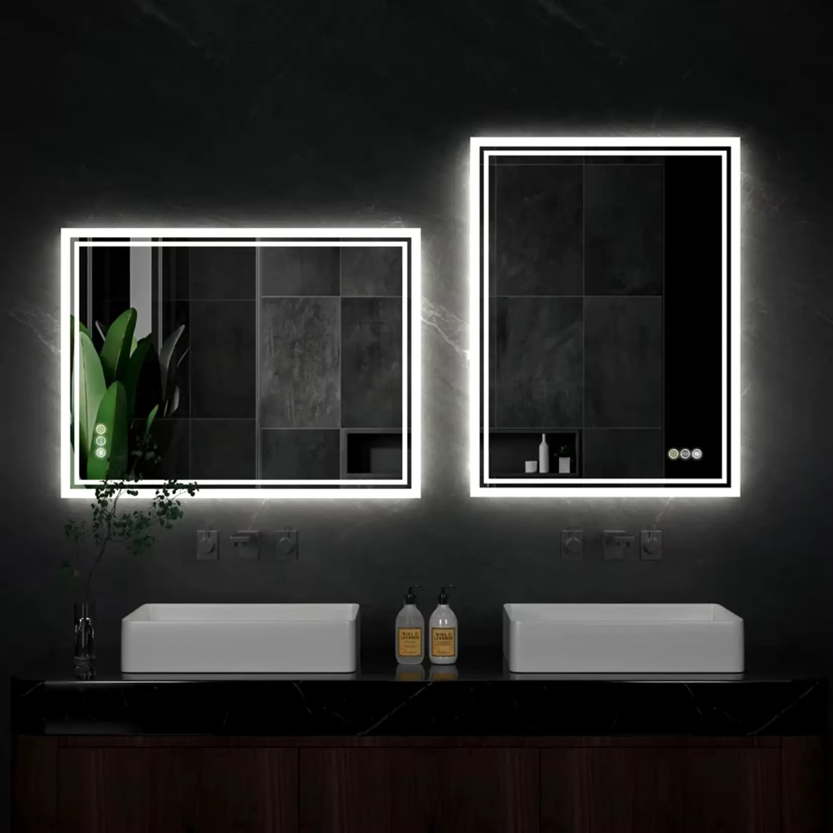 Miroir mural lumineux pour double vasque au design élégant.