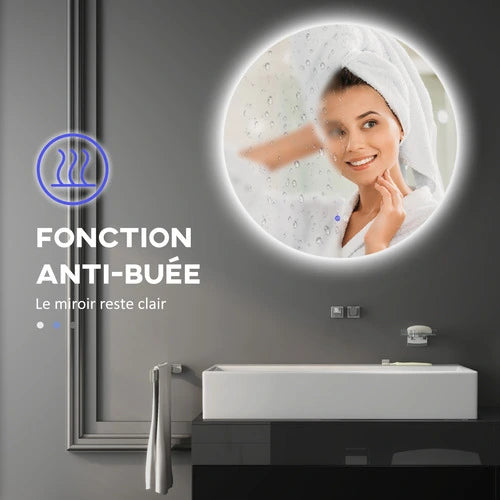 Miroir rond 80 cm avec fonction anti-buée pour une salle de bain sans condensation