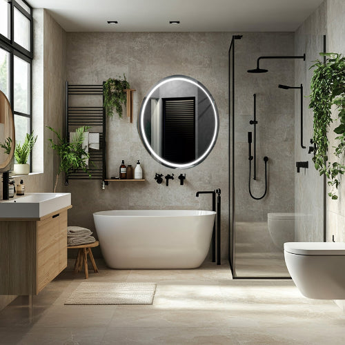 Miroir rond LED 70 cm dans une salle de bain lumineuse, offrant un éclairage ajustable pour une ambiance personnalisée