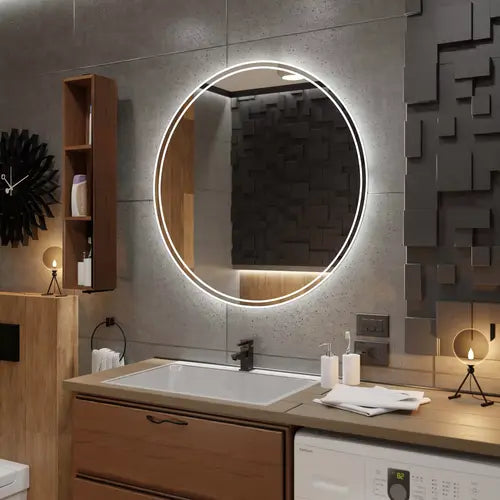 Miroir rond LED design luxe installé dans une salle de bain raffinée