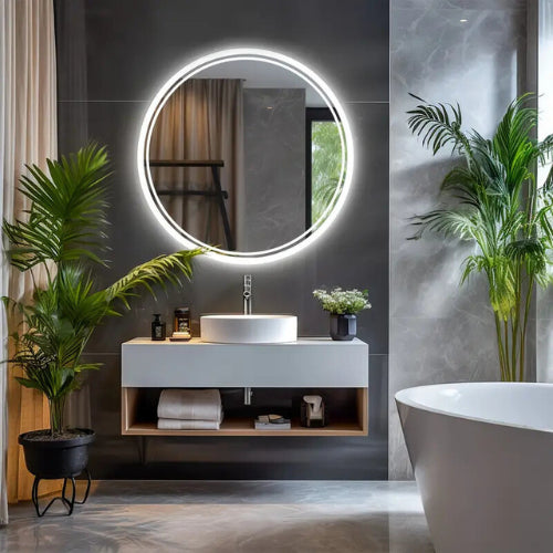 Miroir rond LED design luxe installé dans une salle de bain raffinée