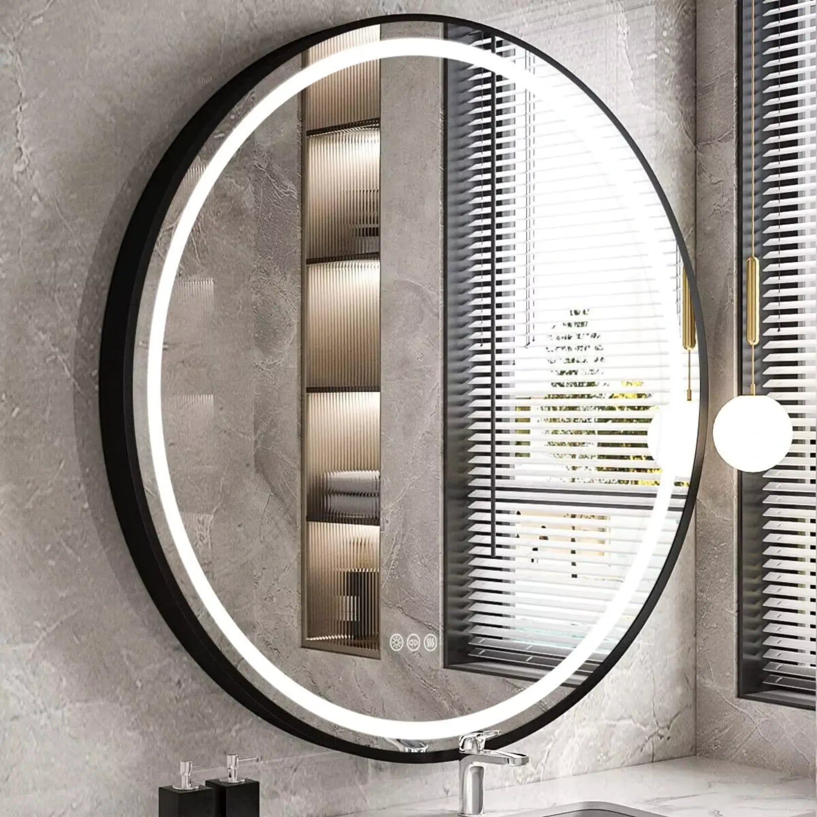 Miroir rond lumineux salle de bain 80 cm noir avec éclairage LED moderne et design épuré.