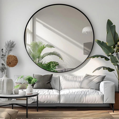 Miroir rond noir 100 cm dans un décor naturel avec plantes séchées et lumière douce, parfait pour un intérieur moderne.