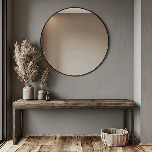 Miroir rond noir 100 cm dans un intérieur au style rustique modernisé, avec une console en bois et des accessoires naturels.