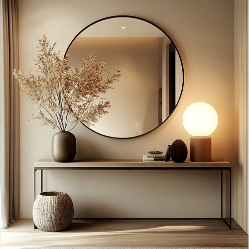 Miroir rond noir 100 cm au-dessus d'une console avec éclairage d'ambiance, idéal pour un intérieur contemporain.