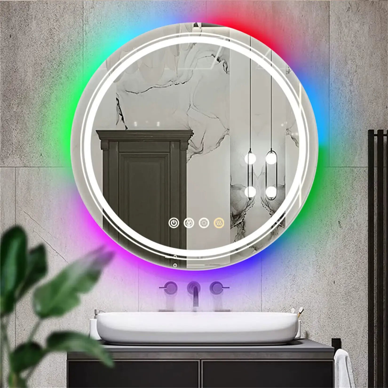 Miroir rond salle de bain lumineux 60 cm avec rétroéclairage RGB multicolore pour une ambiance moderne.