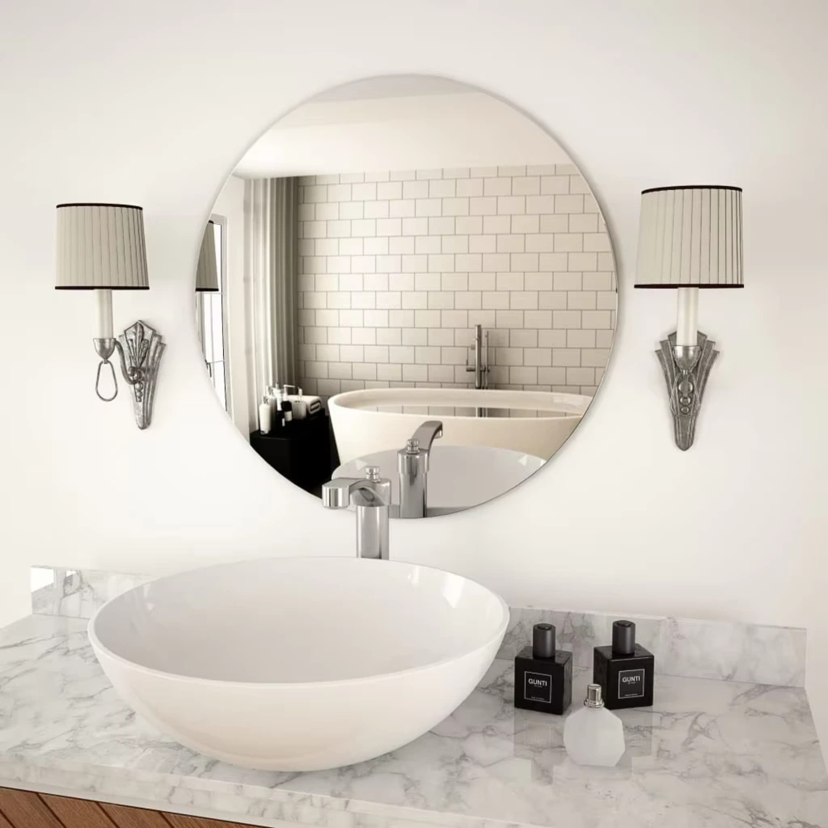 Miroir rond sdb installé dans une salle de bain élégante avec lavabo design.