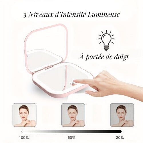 Miroir rose de poche avec trois niveaux d'intensité lumineuse