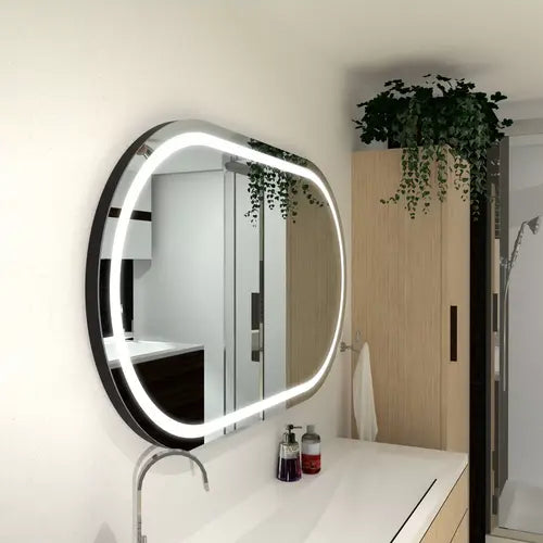 Miroir salle de bain 160 cm avec tablette en verre antisol graphite et supports noirs