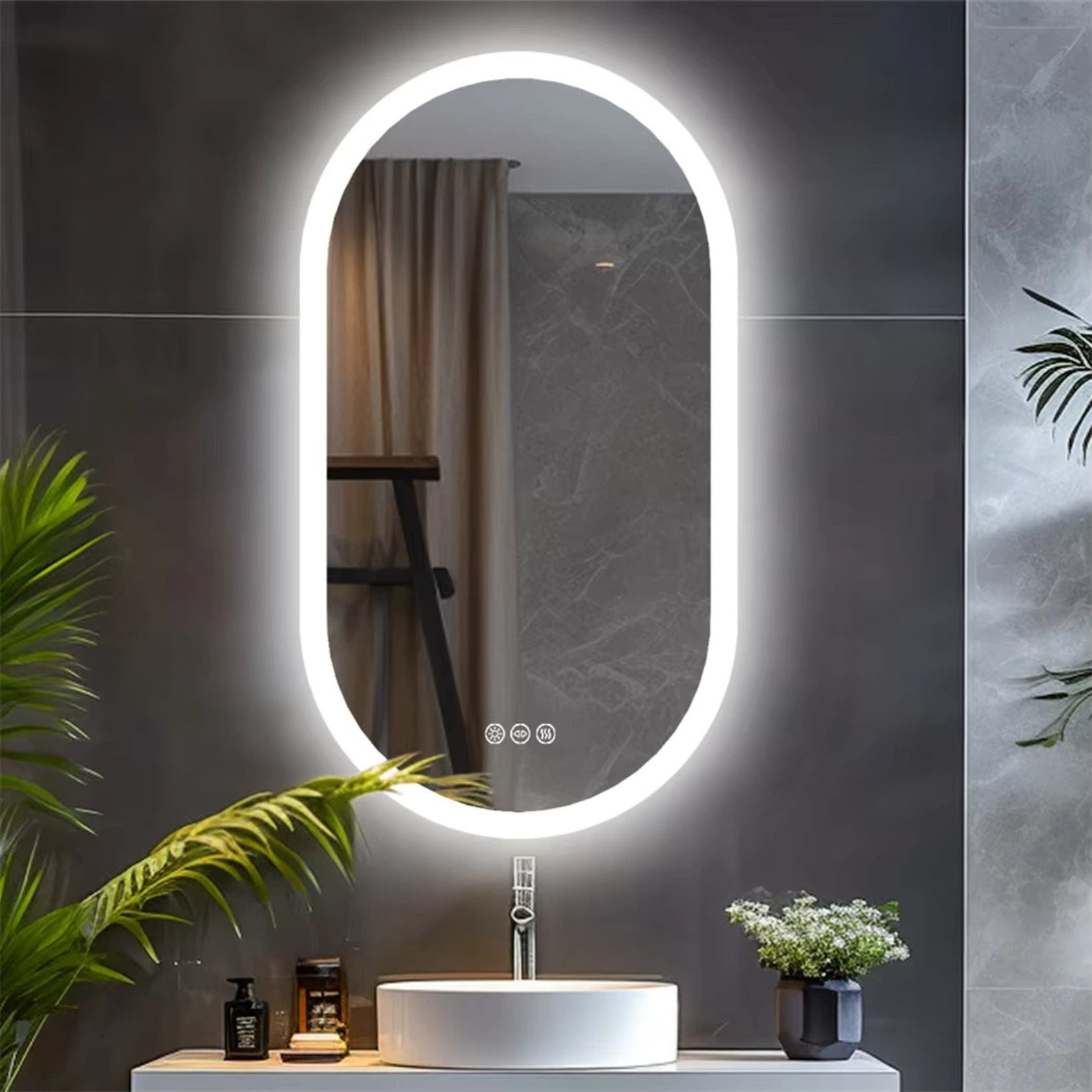 Miroir Salle de Bain Haut de Gamme vertical avec éclairage LED intégré et design contemporain.