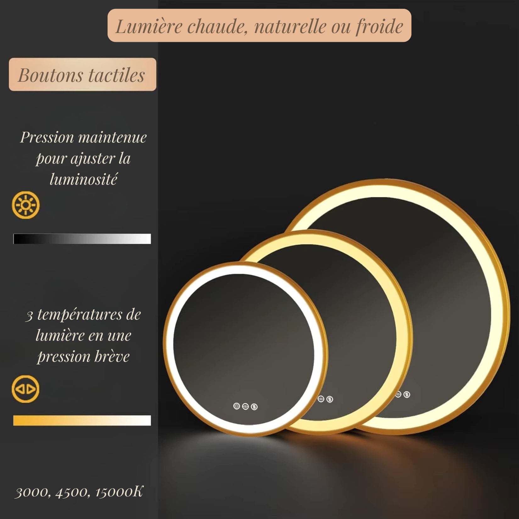 Détails du bord doré discret et élégant du miroir salle de bain lumineux 80 cm, apportant luxe et raffinement à votre espace.