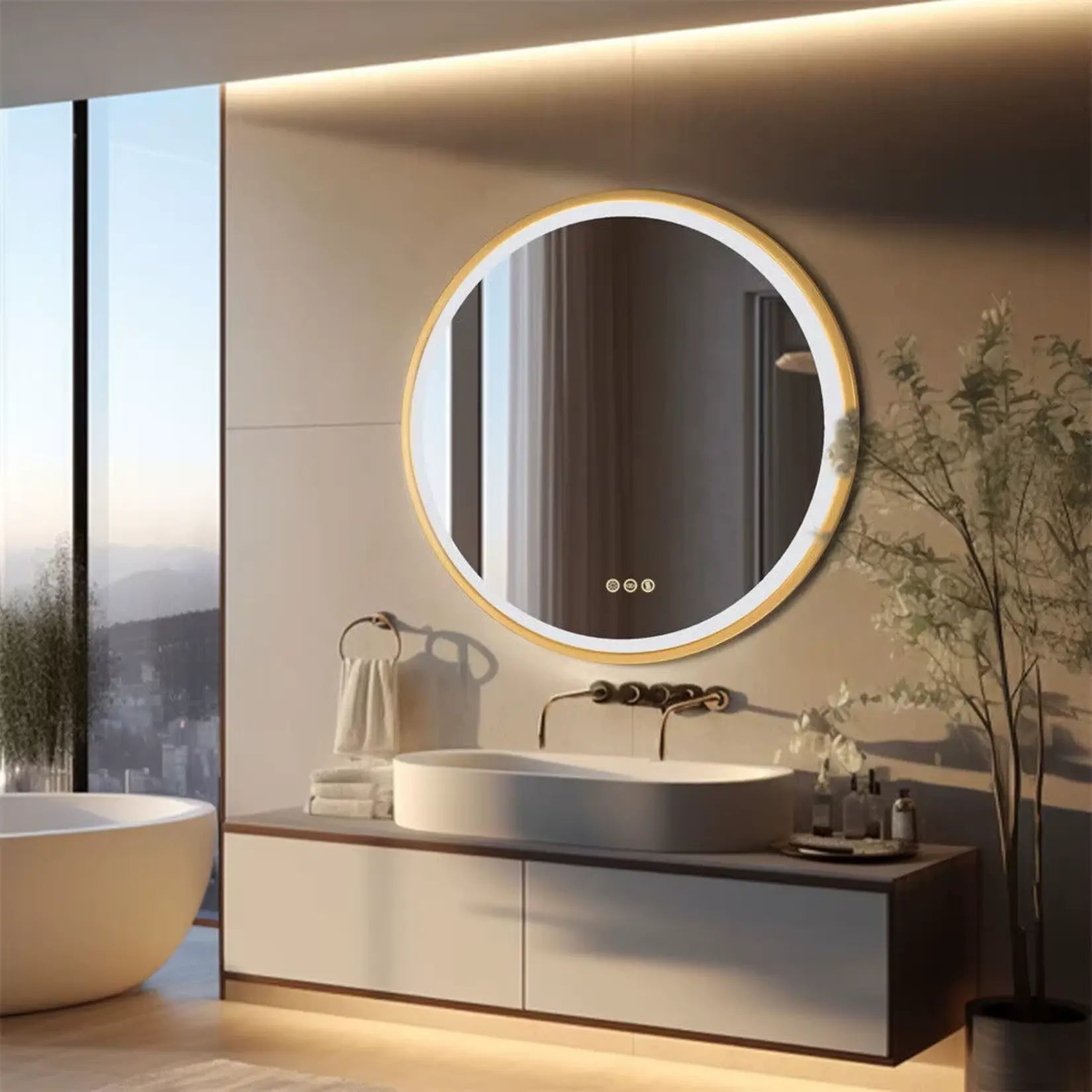 Miroir salle de bain lumineux 80 cm dans une salle de bain moderne avec un éclairage LED et un cadre doré élégant.