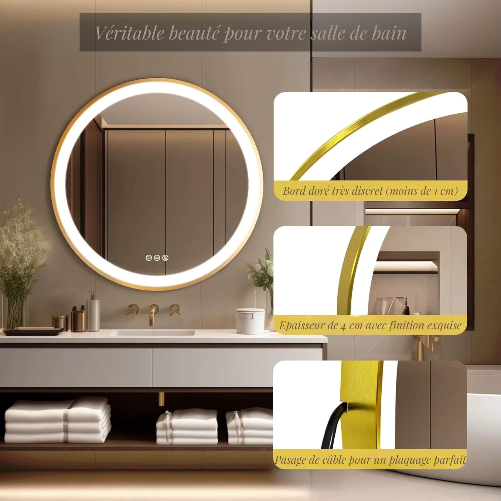 Miroir salle de bain lumineux 80 cm avec design moderne et cadre doré de qualité, parfait pour une salle de bain élégante.