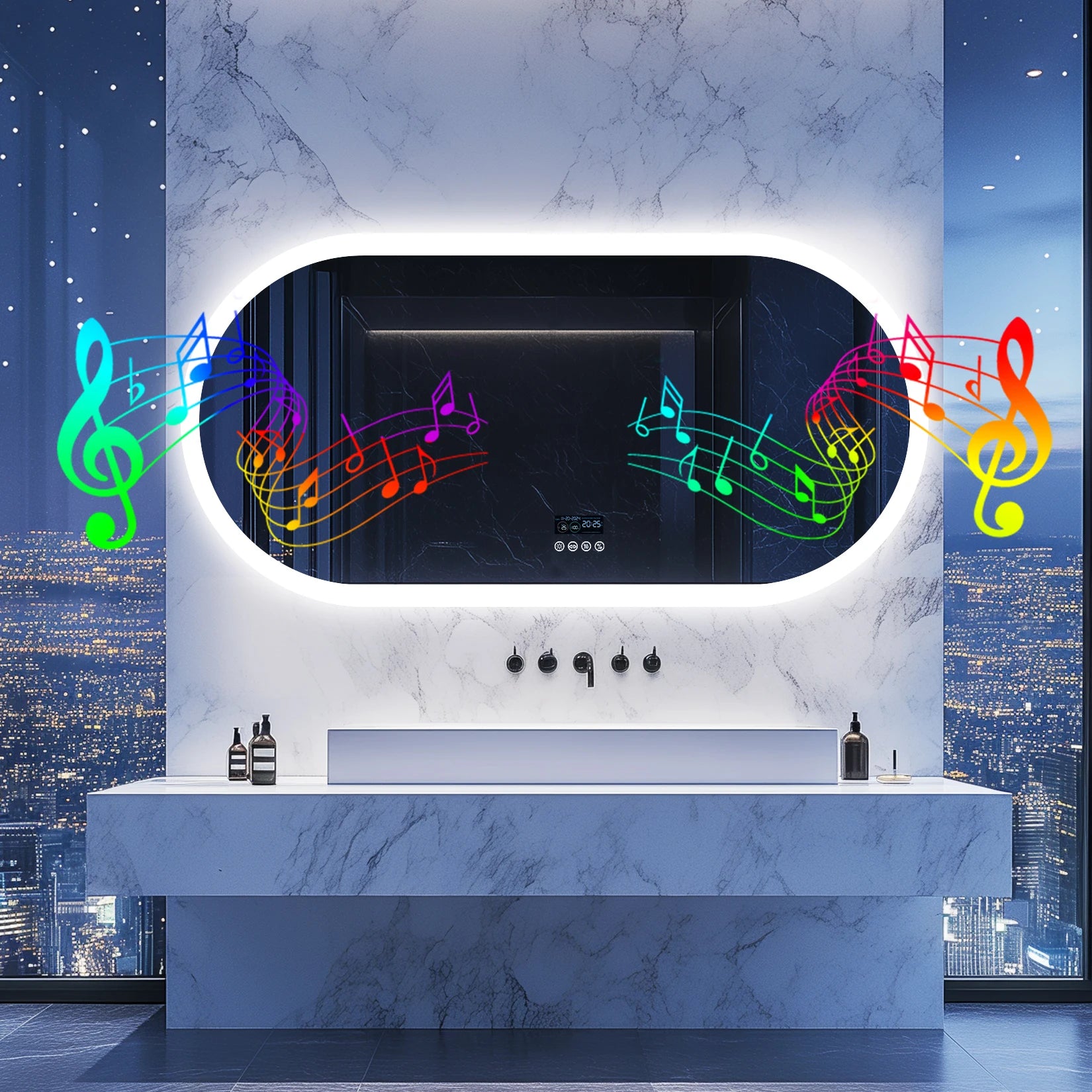 Miroir salle de bain rétroéclairé avec enceinte Bluetooth et ambiance nocturne.