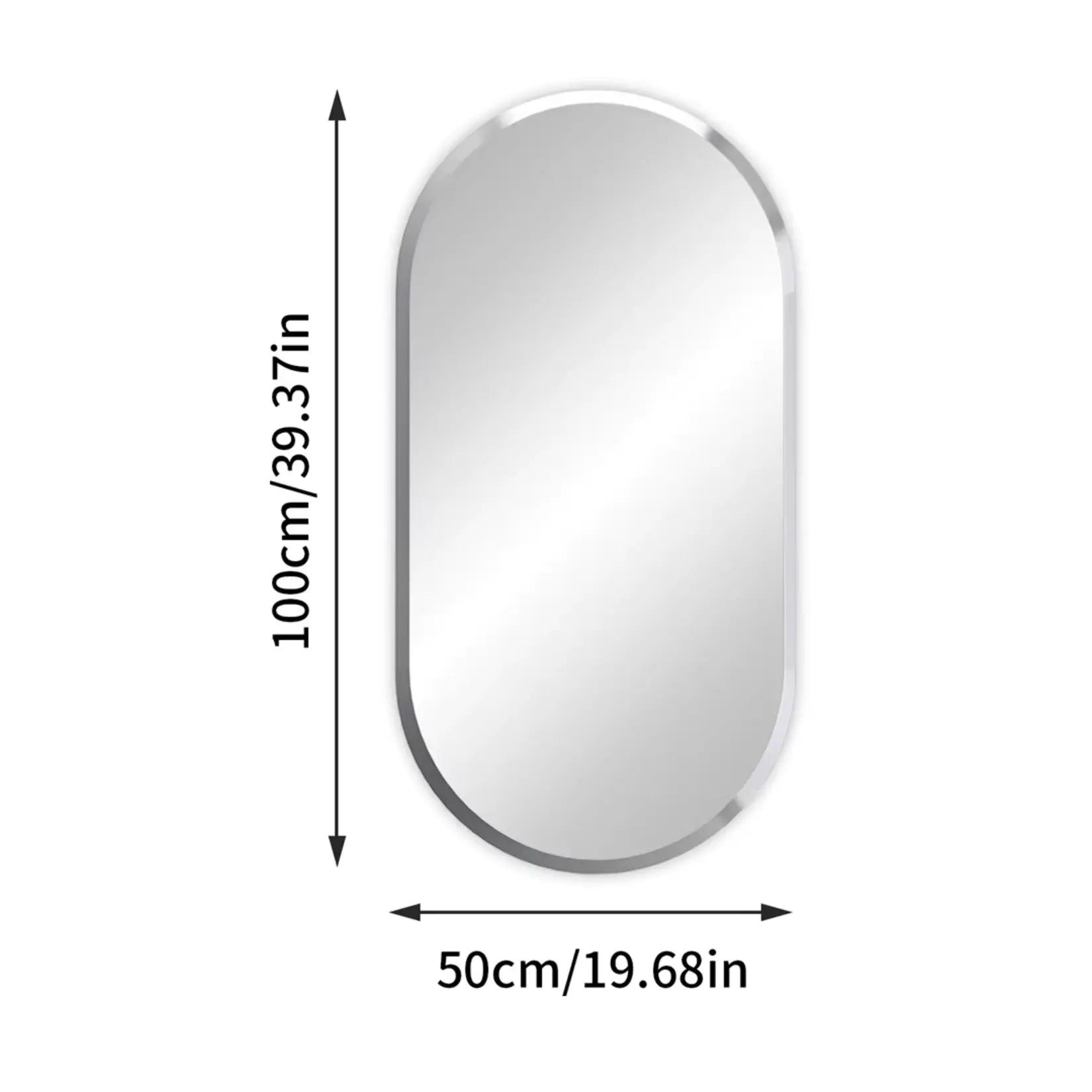 Dimensions du miroir salle de bain simple 50x100 cm avec indication de la taille en cm et pouces.