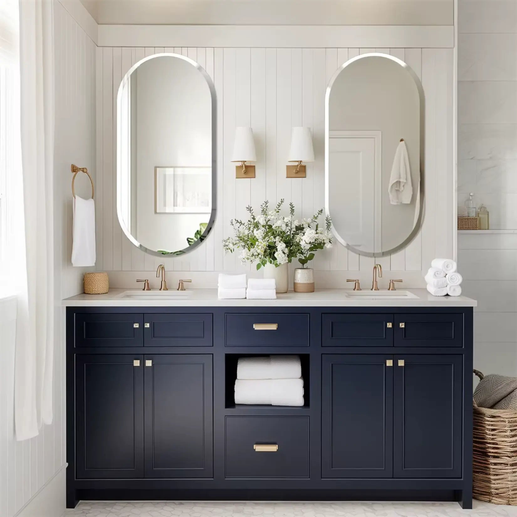 Miroir salle de bain simple rectangulaire arrondi installé dans une salle de bain moderne avec meubles bleu foncé.