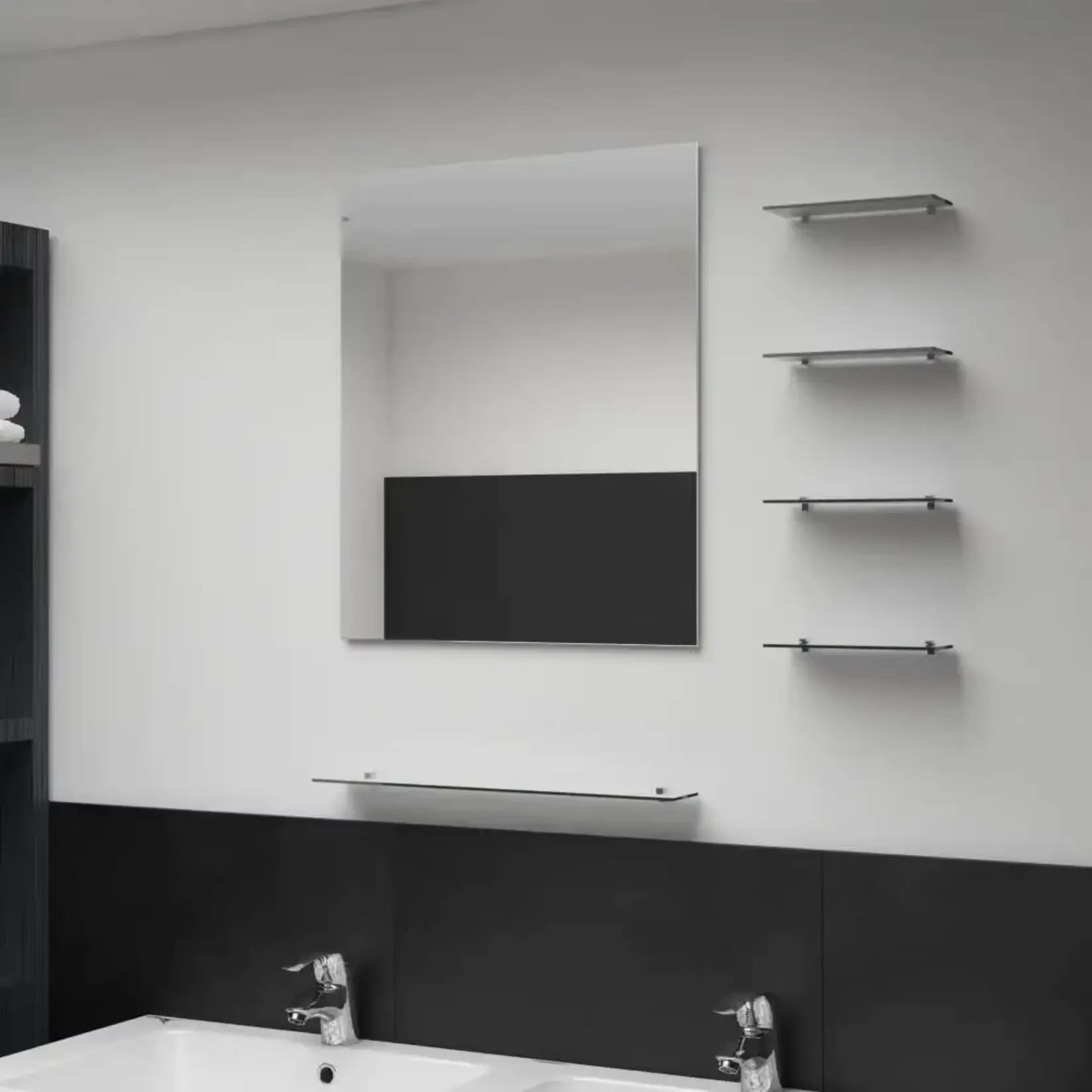 Miroir simple salle de bain 50x60 cm fixé au mur avec ses étagères en verre.