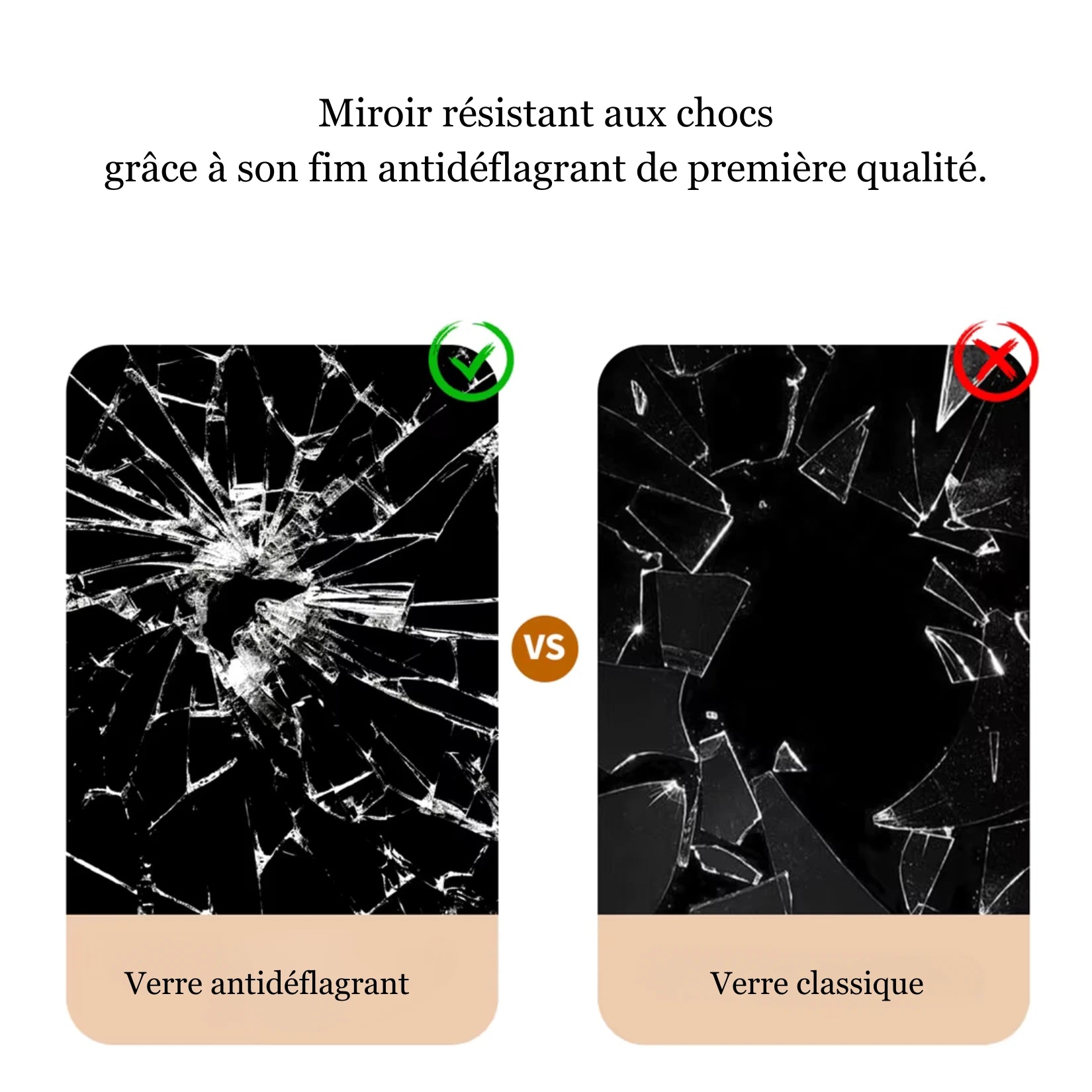 Comparaison entre verre sécurisé et verre classique pour un miroir simple salle de bain.